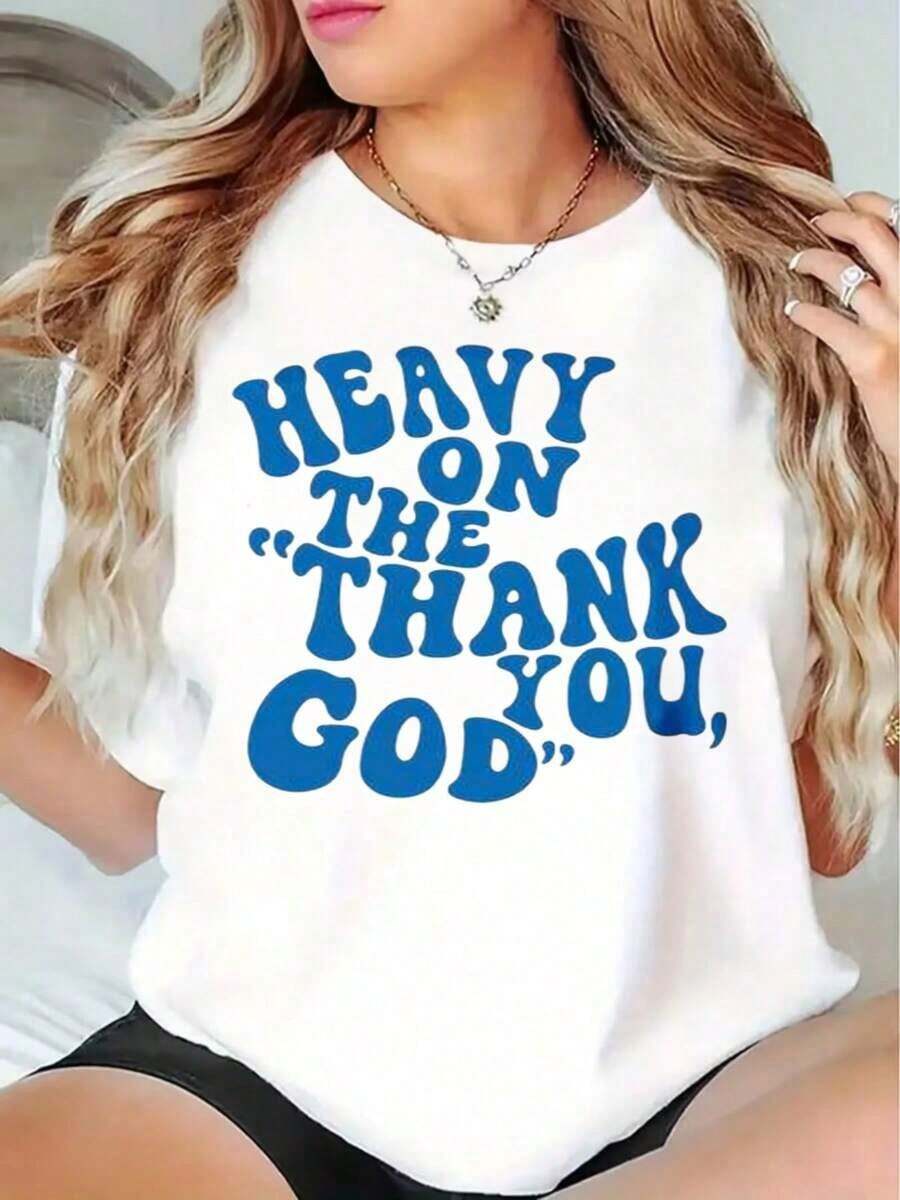 1 Piece Fashion Casual T-Shirt For Men And Women, Casual Style, Women's T-Shirt With "Thank God" Print, Summer Clothes For Gifts To Friends And Family, 200g. Versatile, Easy To Match, Suitable For Daily Wear, Urban Style, Vacation Wear, Weekend Wear. - 白色 - 查看 1