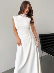 Vestido largo en línea A con cuello de pie, sin mangas y fruncido, color blanco, nuevo para el Día de San Valentín, elegante y romántico para citas y trabajo - Blanco - Ver 5