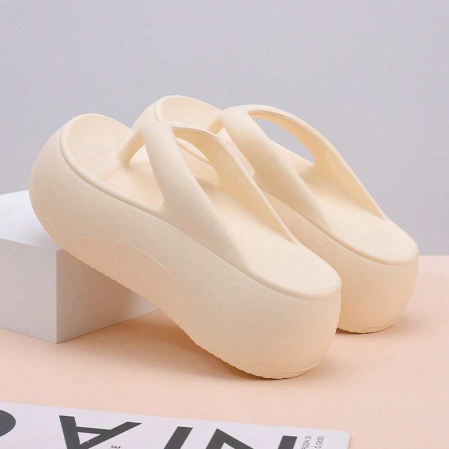 女士人字拖，7厘米厚底，夏季新款时尚百搭舒适软底拖鞋，厚底防滑休闲沙滩凉鞋，软底休闲简约清新浴室防滑人字拖 - 米色 - 查看 1