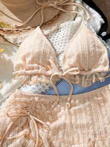 Conjunto de bikini y vestido de playa de tela de encaje color albaricoque dulce para mujer, vacaciones de verano - Albaricoque - Ver 6