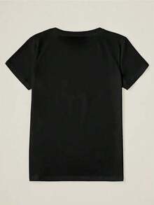 Camiseta de algodón puro, cuello en V, estampado de luna, camiseta casual de manga corta para primavera/verano, ropa de mujer. - Negro - Ver 2