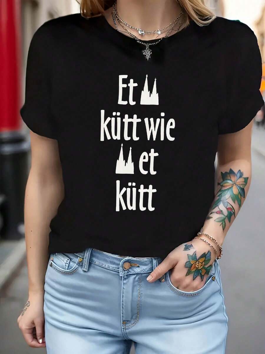 Camiseta de algodón puro con un estilo casual y confiado, con estampado del castillo "Etküttwieetkütt" de Luxemburgo, camiseta de moda casual de cuello redondo para mujer en talla grande, creativa y cómoda para el uso diario en primavera-verano.