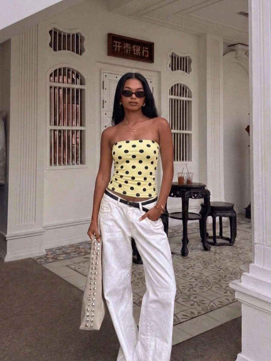 Strapless Crop Top, Blue Base With Black Polka Dots, Sexy Fitted Bandeau Shirt Summer - Yellow - View 1