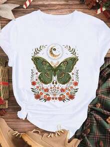 Elegante y casual mujer manga corta,Butterfly Moon And Flowers Print T Shirt For Women Halloween Gothic Style Black Casual Wear Autumn Winter - Blanco - Ver 3