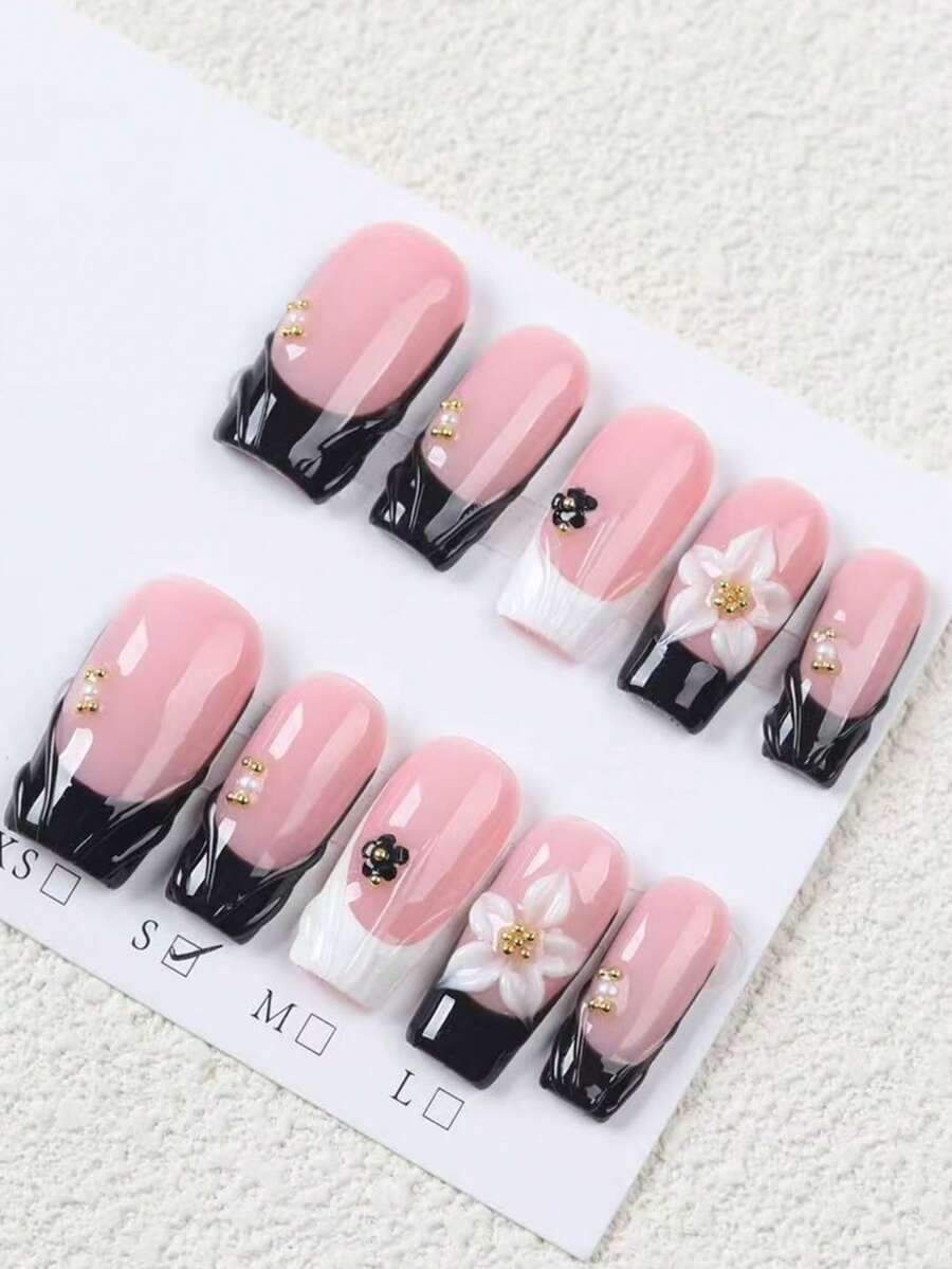 10pcs Elegant Style Square Press On Nails, Nude Pink Fake Nails With Black French Tip, Decorated With 3D White Flowers, Small Black Flowers And Gold Bead Accents, Glossy Finish & Reusable, Luxurious And Feminine Vibe, - Follow Your Heart - View 1