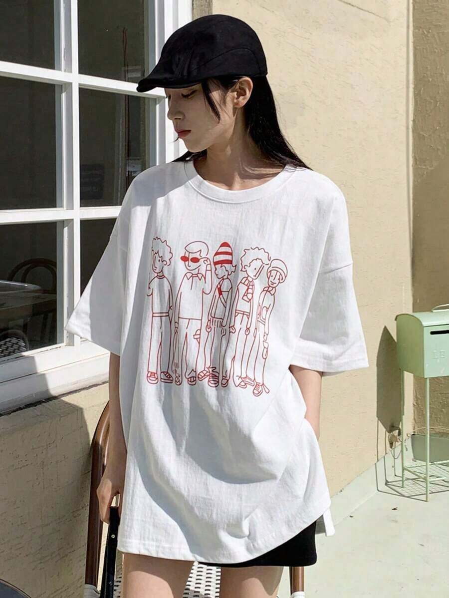 Women Loose Fit Character Printed Short Sleeve Long T-Shirt Summer Graphic Tee Oversized T-Shirt,Back To School Clothes-Vintage Street Style Unisex Loose Cotton Short Sleeve Crew Neck T-Shirtblusas para mujer. blusas.blusas casuales para dama. - Blanco - Ver 1