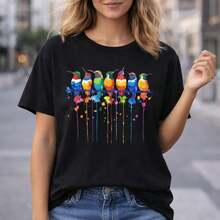 Women's Casual Cotton T-Shirt, Colorful Hummingbird Print, Short Sleeve, Casual Loose Fit, Round Neck, Soft And Comfortable T-Shirt For Daily Wear, Fashionable Summer Top, Animal Print T-Shirt, Breathable And Skin-Friendly Cotton Fabric. - 黑色 - 查看 10