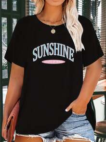 Plus Size SuNSHiNe Print T-Shirt, Casual Short Sleeve Top For Spring & Summer, Women's Plus Size Clothing - Black - View 1