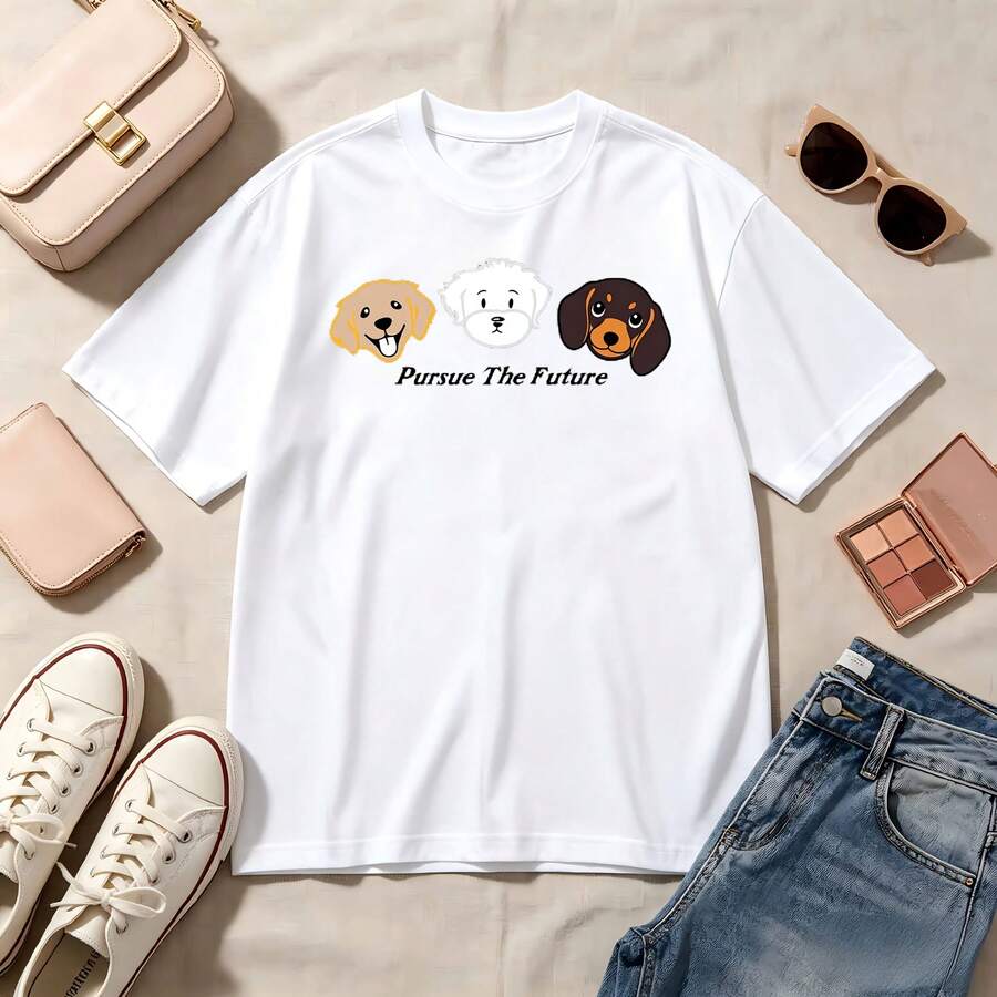 Kawaii Dog Lovers, 100% Cotton, Oversized, Soft Breathable, Casual Crewneck, Short Sleeve Top, Summer Vibes, Streetwear, Aesthetic - Blanco - Ver 1