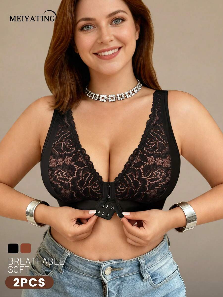 MEIYATING 2pcs Women's Bras, Full Coverage Plus Size Soft Breathable Lace Embroidery Front Closure Bras
