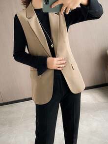 Blazers para mujer,Chaqueta chaleco versátil de un solo botón estilo coreano, novedad de moda para mujer para primavera/otoño. - Caqui - Ver 2