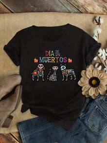 Lightweight T-Shirts With Graphic Prints, Mexican Day Of The Dead Skull, Dog, And Cat Design, Loose Fit, For Sports And Parties, Cute, Stylish, Fashionable, Gift, Soft, Machine Washable, Stretchy, For Casual Wear At Home, Crew Neck, Short Sleeve, 100% Cotton, Popular Choice - 黑色 - 查看 7