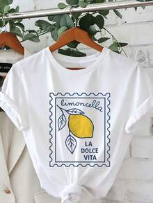 Women's Short-Sleeved T-Shirt With Retro Lemon Print - Soft, Breathable, High-Elasticity, Round Neck - Compatible Top | Loose-Fitting Shirt Suitable For Casual Vacations, College Style, And Spring And Summer Wear. | Machine-Washable Retro Tee, Loose And Comfortable - White - View 3