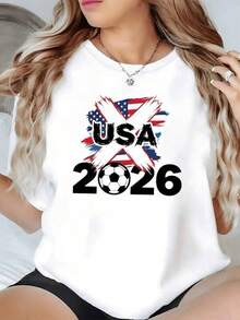 Cruz roja sobre bandera estadounidense simboliza energía pasión y unidad deportiva con número 2026 y balón evocando espíritu mundialista camiseta de mujer casual moderna cómoda - Negro - Ver 6