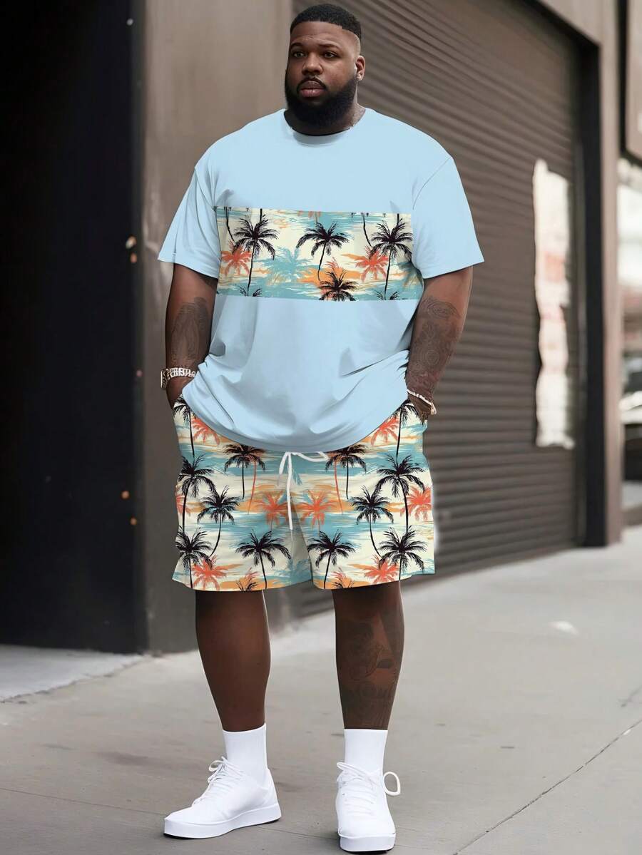 2pcs Plus Size Men's Coconut Tree Print Short Sleeve Shorts Set, Round Neck Tee Paired With Drawstring Shorts, Breathable Soft Comfortable Fabric
