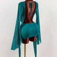 Romantic Vacation Earthy Tone Low-Cut Draping Collar, Flared Sleeves, Bodycon Mini Dress - Naranja - Ver 3