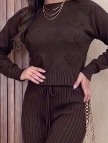 Women's Ribbed Knit Set: Long-Sleeved Blouse With Heart Details, High-Waisted Pants With Adjustable Drawstring, Casual Autumn/Winter Knitwear - Rust - View 5