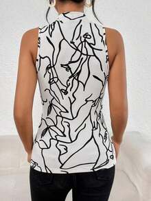 Camiseta sin mangas de cuello alto para mujer con estampado total para el verano - Blanco y Negro - Ver 2