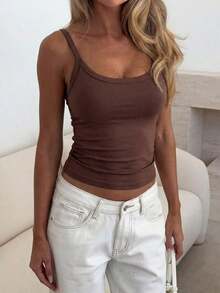 Top de lencería de moda para mujer  camiseta sin mangas de cuello redondo ajustada de estilo casual y sexy para primavera/verano, adecuada para uso diario y viajes a la oficina - Marrón - Ver 10
