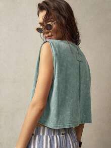 Top sin mangas de cuello redondo para vacaciones de mujer - Verde Oscuro - Ver 7
