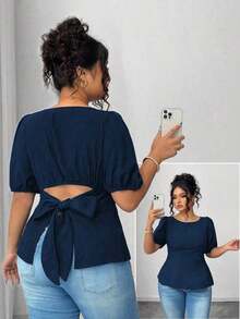 Blusa casual de manga corta con lazo y espalda abierta, unicolor, para mujer talla grande, verano - Azul marino - Ver 1