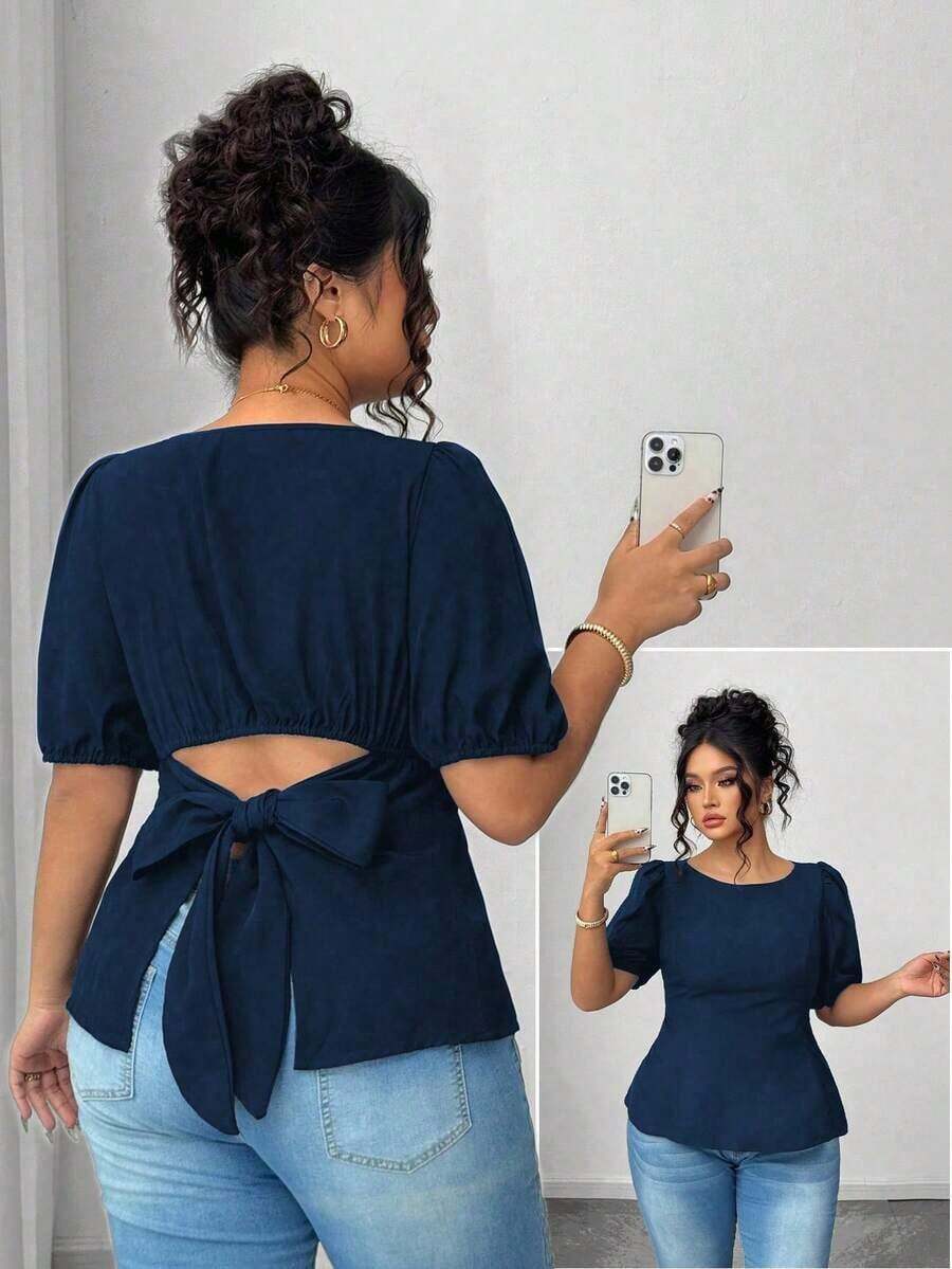 Blusa casual de manga corta con lazo y espalda abierta, unicolor, para mujer talla grande, verano - Azul marino - Ver 1