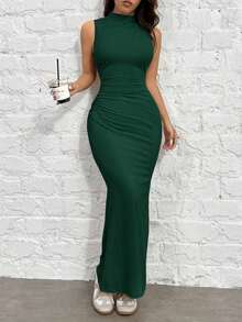 1 pieza Vestido de punto ajustado sin mangas color rojo rosa para mujer - Verde Oscuro - Ver 1