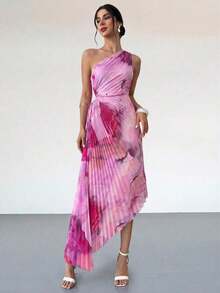 Vestido de mujer nuevo con estampado de teñido anudado asimétrico, cintura hueca, volantes en el bajo y un solo hombro, vestido elegante y romántico para citas y vacaciones, vestido de verano para mujer, tono de color suave, adecuado para atuendo de playa - Rosa Pálido - Ver 5