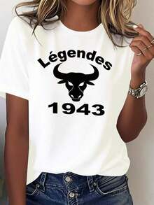 Estilosa playera con diseño de toro y frase "Légendes 1943", estilo vintage y audaz, ideal para looks urbanos y con actitud. - Blanco - Ver 6