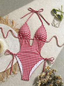 Traje de baño de una pieza con escote en  y espalda descubierta, de punto jacquard con textura, color verde oliva, adecuado para vacaciones en la playa - Multicolor 3 - Ver 7