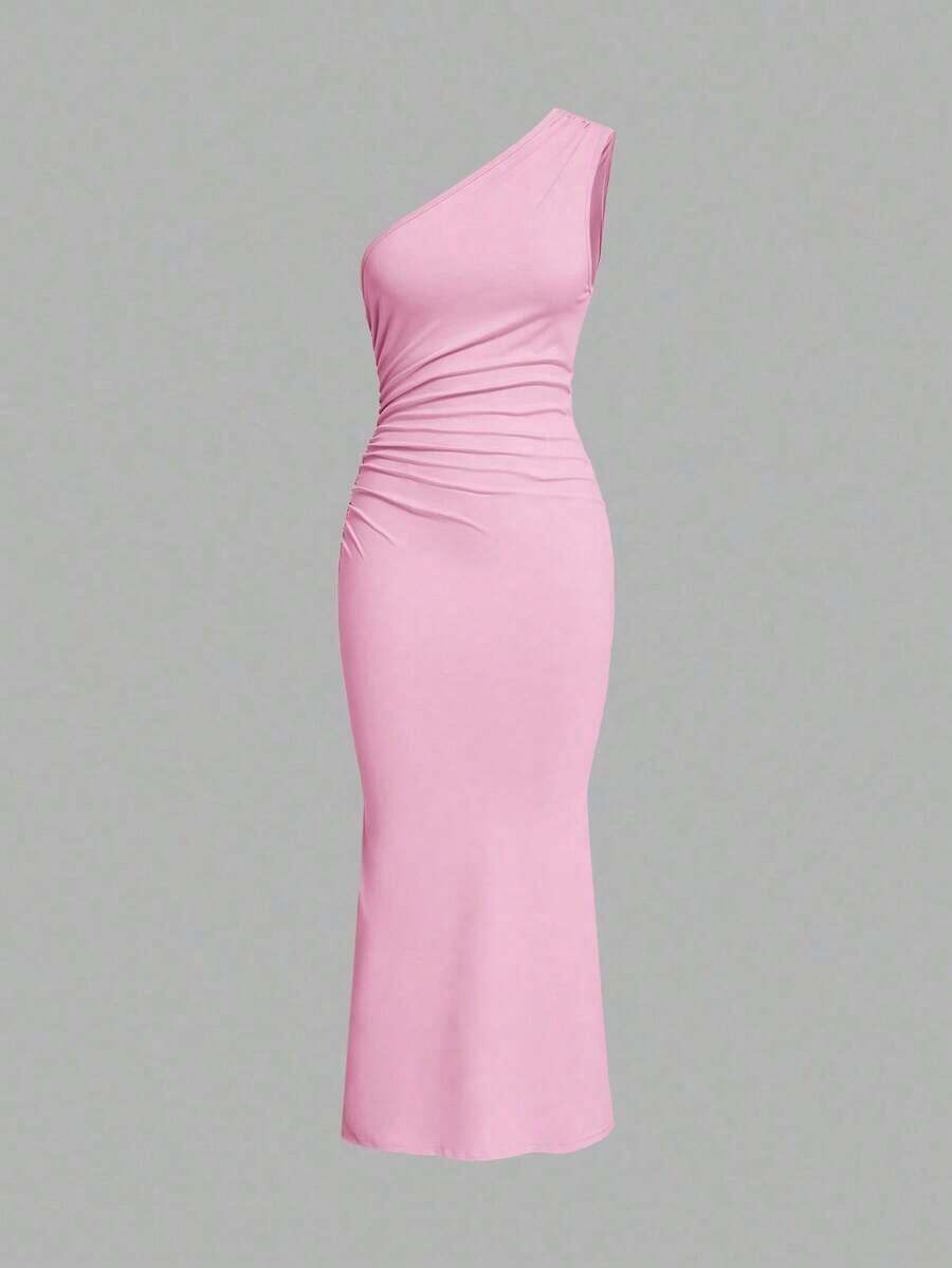 Vestido maxi de cola de pez con hombro asimétrico arrugado de unicolor sin mangas - Rosa - Ver 1