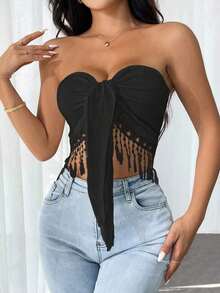 Parte superior con tubo de color negro sólido con lazo en la cintura y dobladillo con flecos, uso diario casual para mujer - Negro - Ver 5
