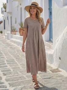 Vestido casual de mujer de unicolor con doble bolsillo - Marrón - Ver 5