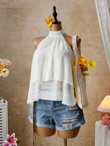 Blusa con cuello halter amarilla, blusa elegante con cuello halter, bajo con volantes en forma de A y cuello con lazo, camisa casual de oficina de color amarillo claro, blusa con cuello halter y espalda descubierta para playa y vacaciones - Blanco - Ver 5