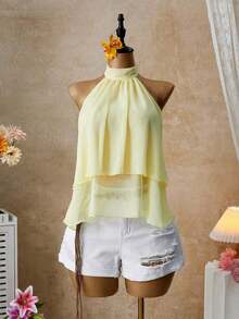 Blusa con cuello halter amarilla, blusa elegante con cuello halter, bajo con volantes en forma de A y cuello con lazo, camisa casual de oficina de color amarillo claro, blusa con cuello halter y espalda descubierta para playa y vacaciones - Amarillo claro - Ver 6