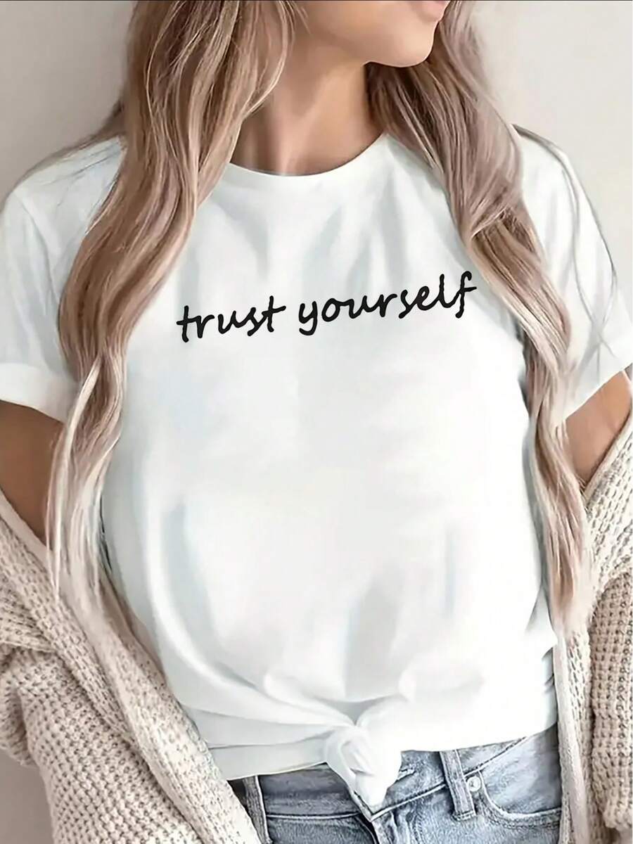 This Modern, Minimalist, Lightweight, And Durable Short-Sleeved Black T-Shirt, Featuring The "Believe In Yourself" Design, Is Perfect For Home, Work, Or Casual Outings. Also Available In White And Black For Everyday Casual Wear. - 白色 - 查看 1