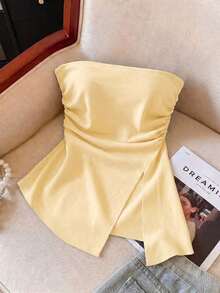 Top bandeau de unicolor con pliegues en el lateral y bajo con abertura de moda para mujer - Amarillo - Ver 4