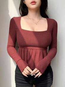 Blusa casual de mujer con cuello cuadrado, manga corta, silueta acampanada y tela texturizada, top sexy y lindo - Burdeos - Ver 5