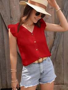 Clasi Blusa de manga abullonada de unicolor casual para vacaciones de verano - Rojo - Ver 6