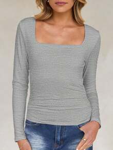 Camiseta ajustada de manga larga con cuello cuadrado para mujer, primavera/verano Y2K, unicolor, sexy, adecuada para el Día de San Valentín y uso casual - Gris Claro - Ver 8
