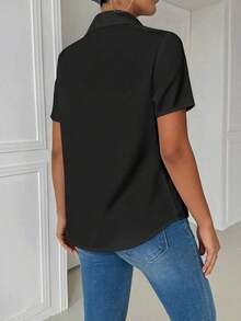 Blusa naranja casual de manga larga ajustada con cuello vuelto y bolsillo para mujer - Negro - Ver 2