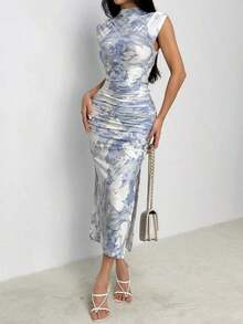 Vestido de verano de punto con pliegues, estampado floral de acuarela, silueta ceñida, con abertura lateral, elegante para vacaciones y uso diario - Azul - Ver 1