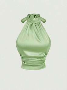 Blusa de mujer con cuello alto, lazo y corbata en color albaricoque - Verde - Ver 5
