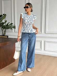 Blusa de manga corta con cuello redondo, volantes y estampado floral para vacaciones de mujer - Azul - Ver 3