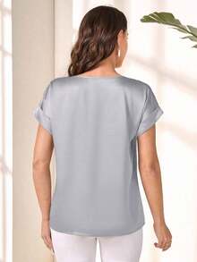Blusa suelta elegante de verano para mujer con cuello redondo, mangas cortas tipo murciélago y unicolor - Blusas de manga corta - Gris Claro - Ver 2