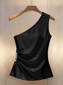 elegante de mujer con cuello oblicuo, adorno de botones y ribete plisado - Negro - Ver 3