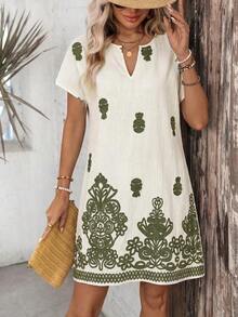 Vestido casual de mujer con estampado floral, cuello en V y manga corta para vacaciones - Verde 2 - Ver 6