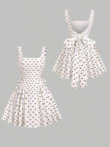 Vestido mini para mujer de alta gama, de estilo retroamericano, con estampado floral, espalda descubierta, corte slim, plisado, cuello asimétrico sin mangas y lunares - Blanco y Negro - Ver 2