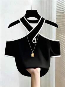 Camiseta de moda con escote descubierto y ribete de contraste para mujer, de verano - Negro - Ver 1