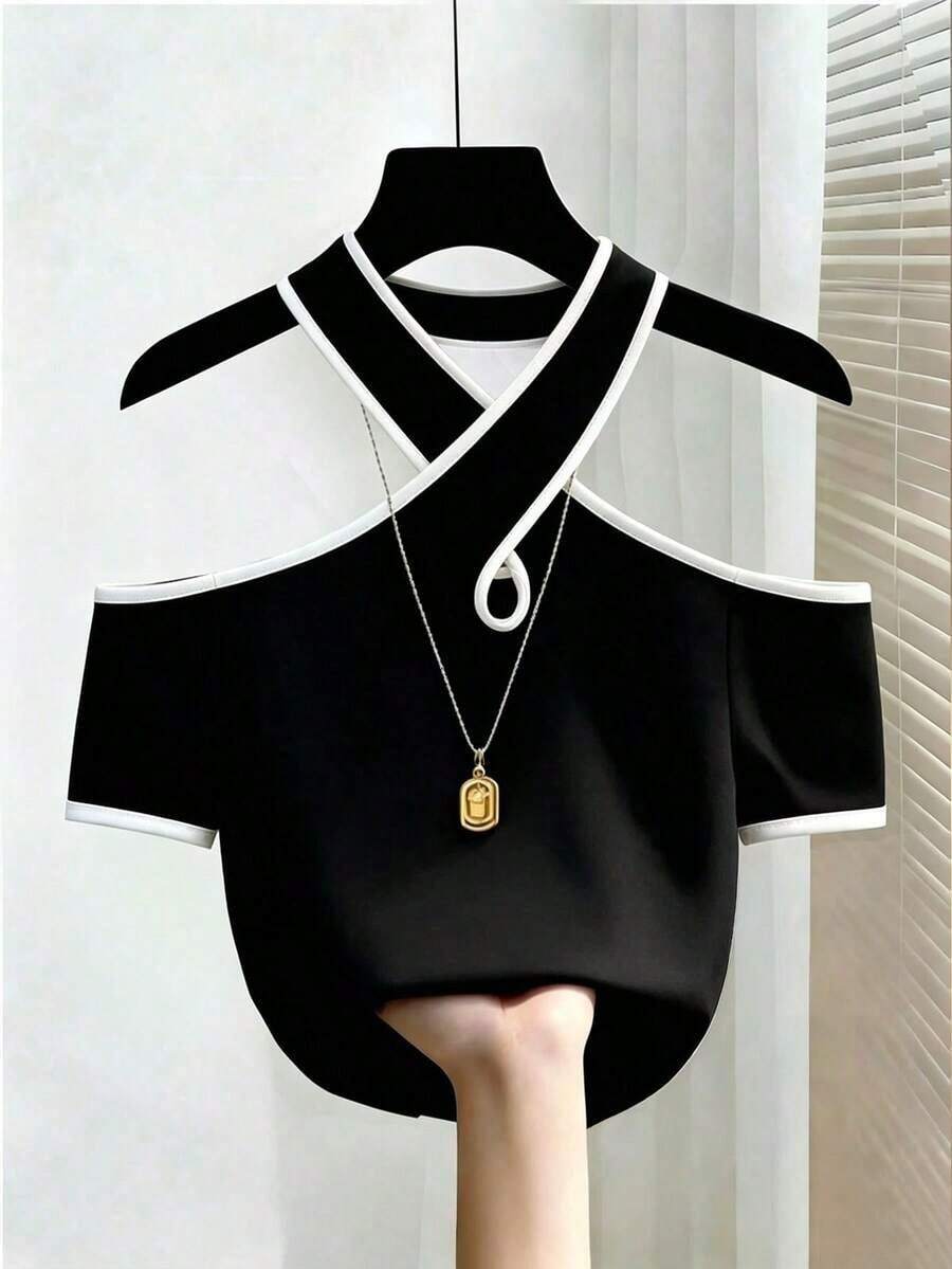 Camiseta de moda con escote descubierto y ribete de contraste para mujer, de verano - Negro - Ver 1